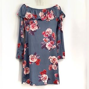 Off Shoulder Floral Mini Dress Women’s XL Blue Gray / Pink Ladies Polly & Esther